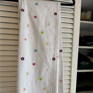 Tractr Blu White Straight Leg Pants with Colorful Floral Embroidery